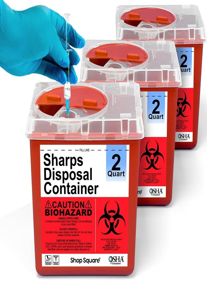 Shop Square Sharps Containers for Home and Professional Use, 2 Quart Needle Disposal (3-Pack), Syringe Disposal for Home, Biohazard Containers - Image 1